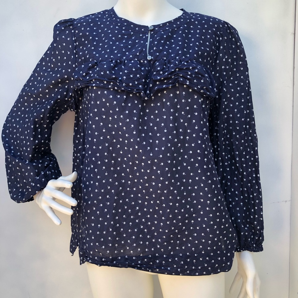 J. Crew Navy W/White Cherries Ruffle Top Size S